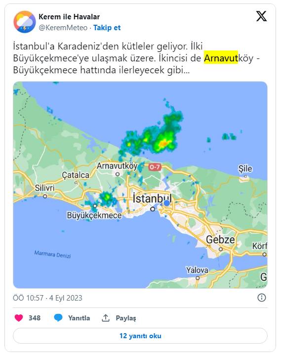 İstanbul bugün önlemini alsın: Hızla yaklaşıyor. Arnavutköy’den girip Büyükçekmece’den çıkacak. Kerem Ökten uyardı 9
