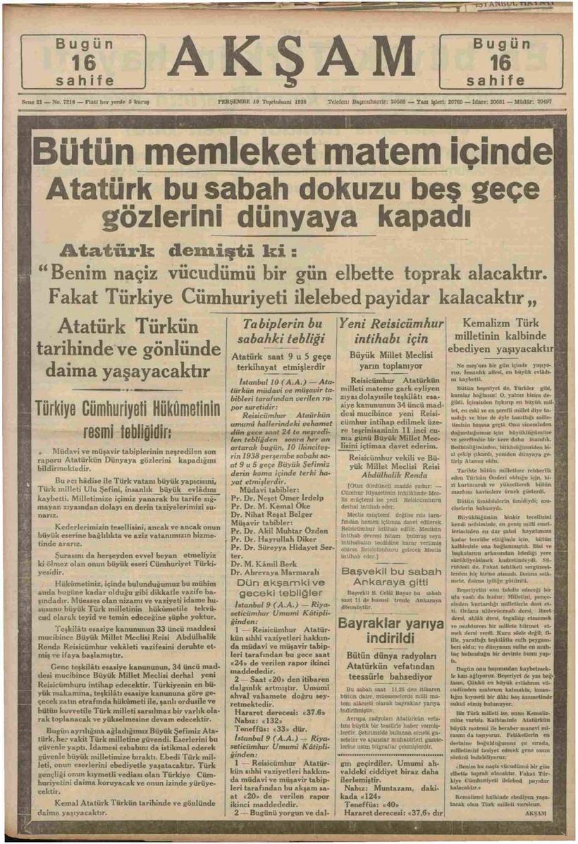 Atatürk'ün ölümü böyle duyuruldu. 10 Kasım 1938'in gazete manşetleri 13