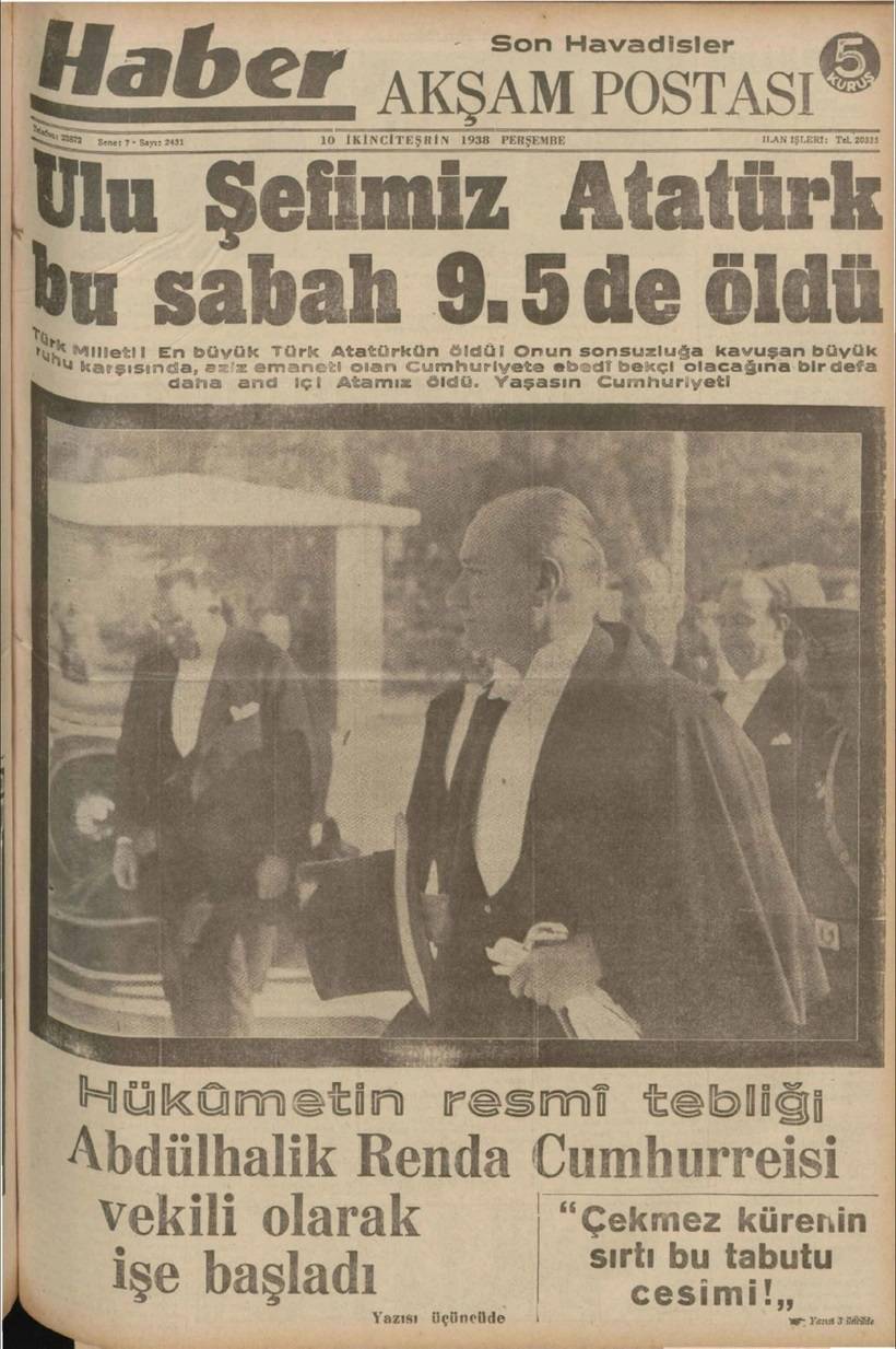Atatürk'ün ölümü böyle duyuruldu. 10 Kasım 1938'in gazete manşetleri 5