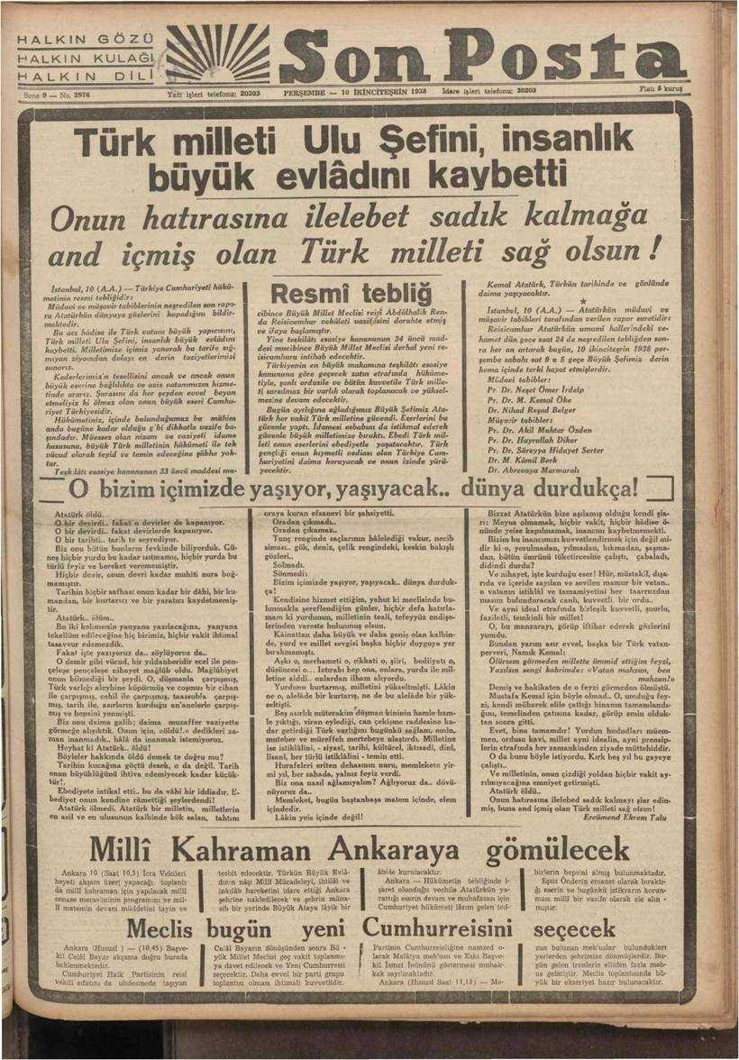 Atatürk'ün ölümü böyle duyuruldu. 10 Kasım 1938'in gazete manşetleri 16