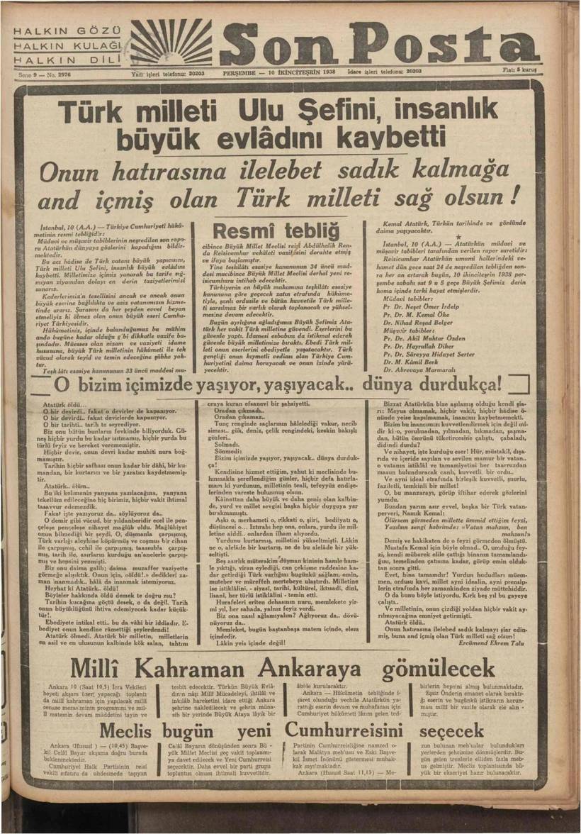 Atatürk'ün ölümü böyle duyuruldu. 10 Kasım 1938'in gazete manşetleri 17
