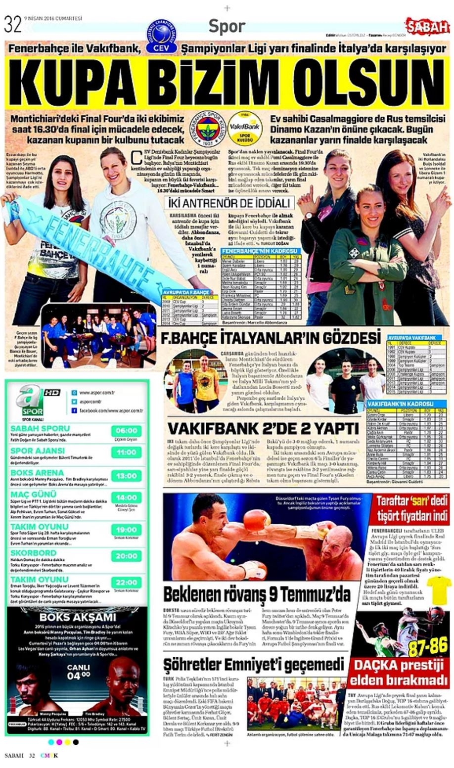 Günün Spor Manşetleri - 09.04. 2016 16
