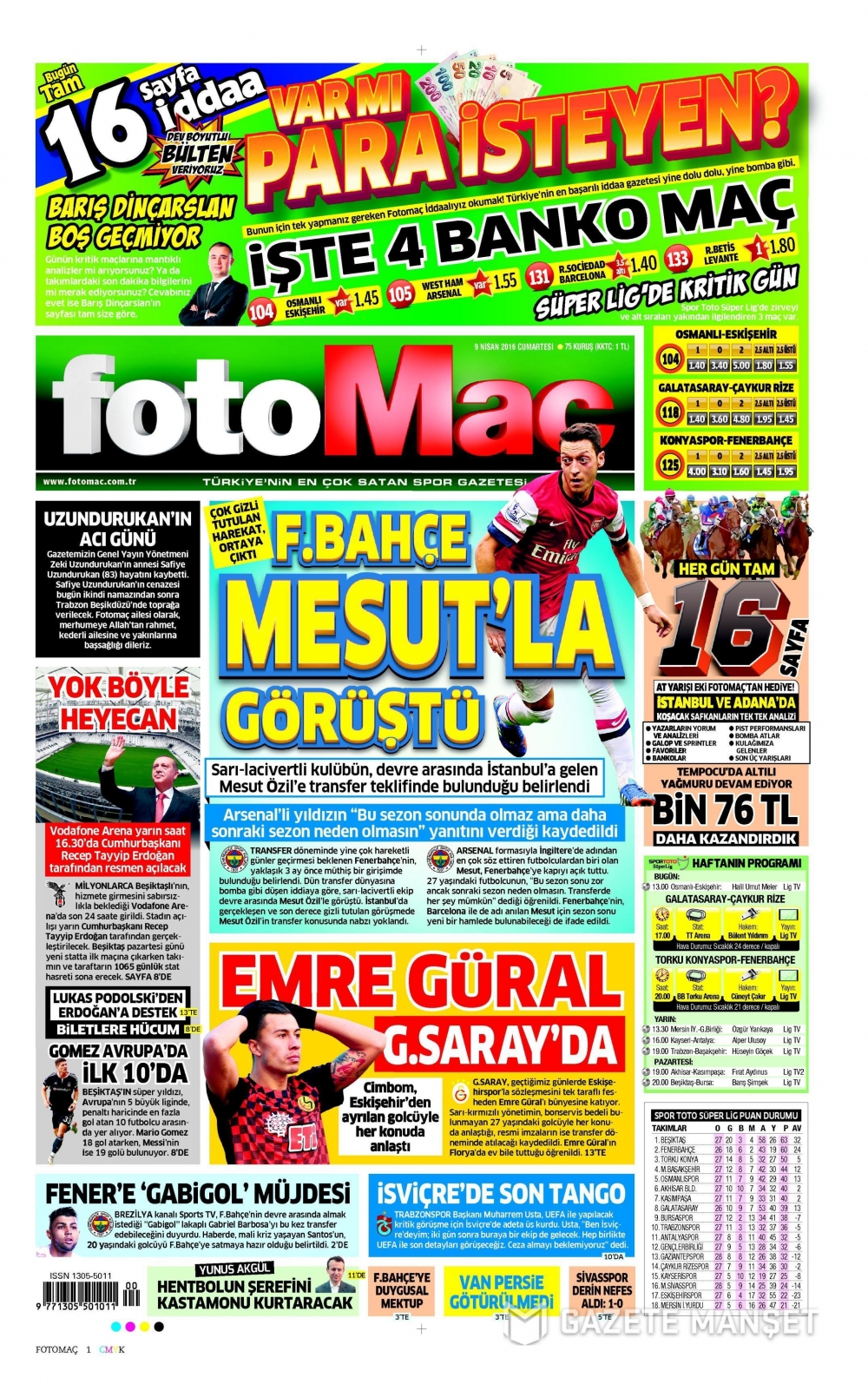 09 04 2016 tarihli Spor Gazetelerin 1. sayfaları 2