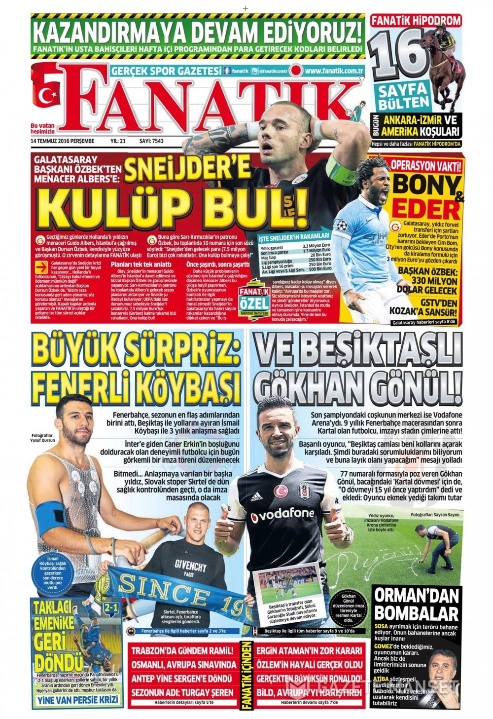 Günün Spor Manşetleri - 14 07 2016 2