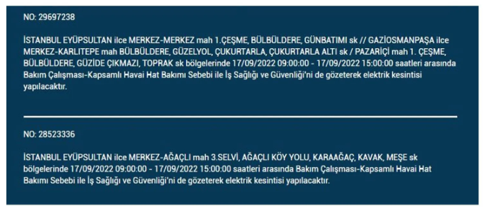 BEDAŞ açıkladı. İstanbul'da 17 Eylül Cumartesi elektrik kesintisi olacak ilçeler 17