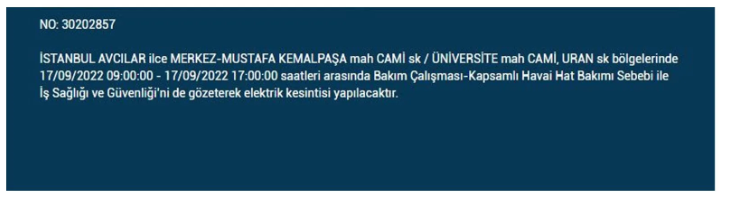 BEDAŞ açıkladı. İstanbul'da 17 Eylül Cumartesi elektrik kesintisi olacak ilçeler 3