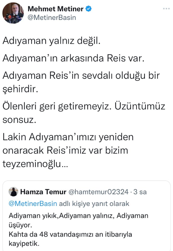 ‘Çaresiziz’ diyen vatandaşlara AKP’li Metiner Erdoğan propagandası yaptı. Adıyamanlılar bu propagandaya neler neler yazdı 5