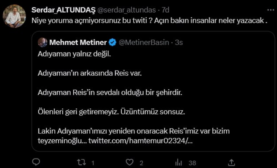 ‘Çaresiziz’ diyen vatandaşlara AKP’li Metiner Erdoğan propagandası yaptı. Adıyamanlılar bu propagandaya neler neler yazdı 7