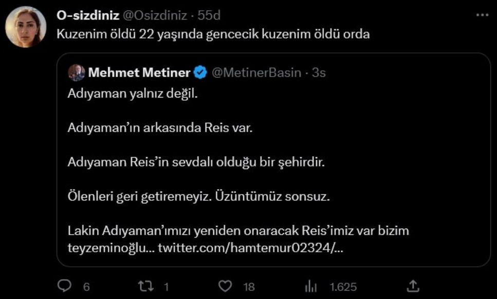 ‘Çaresiziz’ diyen vatandaşlara AKP’li Metiner Erdoğan propagandası yaptı. Adıyamanlılar bu propagandaya neler neler yazdı 9