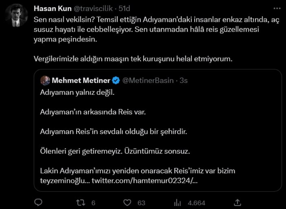 ‘Çaresiziz’ diyen vatandaşlara AKP’li Metiner Erdoğan propagandası yaptı. Adıyamanlılar bu propagandaya neler neler yazdı 12