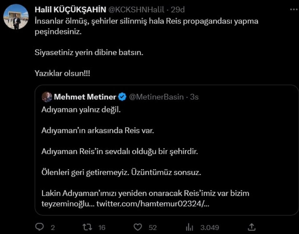 ‘Çaresiziz’ diyen vatandaşlara AKP’li Metiner Erdoğan propagandası yaptı. Adıyamanlılar bu propagandaya neler neler yazdı 13