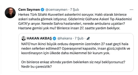 CNN Türk Cem Seymen'den istifasını istedi. Hükümeti eleştiren deprem twitleri atmıştı 11