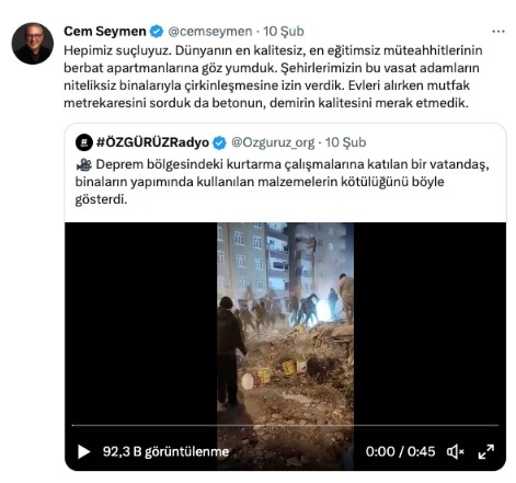 CNN Türk Cem Seymen'den istifasını istedi. Hükümeti eleştiren deprem twitleri atmıştı 22