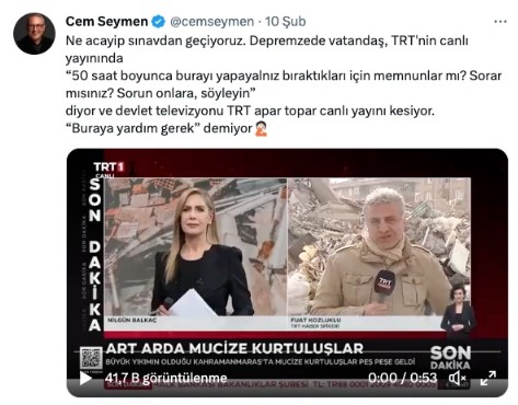 CNN Türk Cem Seymen'den istifasını istedi. Hükümeti eleştiren deprem twitleri atmıştı 27