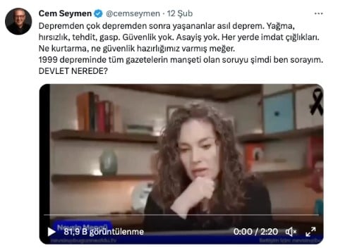 CNN Türk Cem Seymen'den istifasını istedi. Hükümeti eleştiren deprem twitleri atmıştı 31