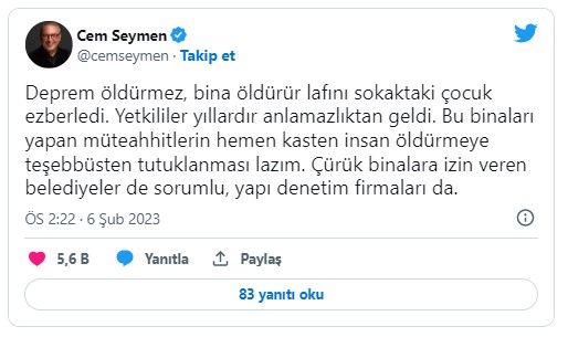 CNN Türk Cem Seymen'den istifasını istedi. Hükümeti eleştiren deprem twitleri atmıştı 7