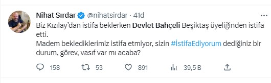Türkiye Beşiktaş'tan istifa eden Devlet Bahçeli'yi konuşuyor. Beşiktaş taraftarı 'Hükümet istifa' diye bağırdı Bahçeli Beşiktaş'tan istifa etti 57