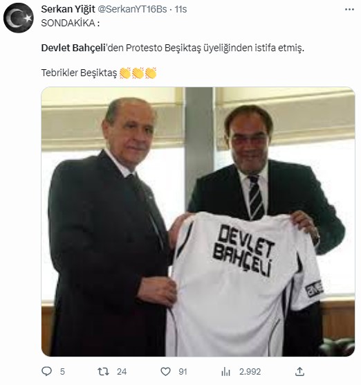 Türkiye Beşiktaş'tan istifa eden Devlet Bahçeli'yi konuşuyor. Beşiktaş taraftarı 'Hükümet istifa' diye bağırdı Bahçeli Beşiktaş'tan istifa etti 24