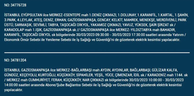 İstanbul'da elektrik kesintisi olacak ilçeler belli oldu 30