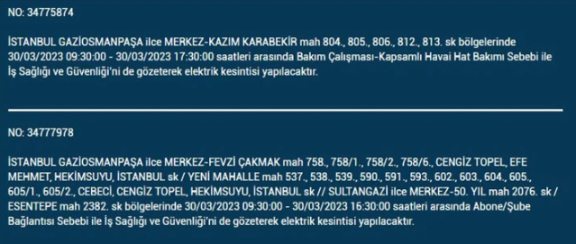 İstanbul'da elektrik kesintisi olacak ilçeler belli oldu 29