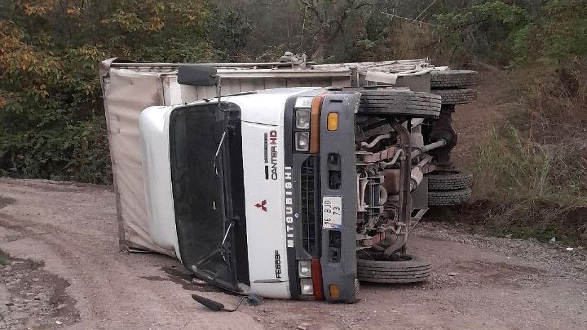 Mıcırlı yolda kereste yüklü kamyon yan yattı