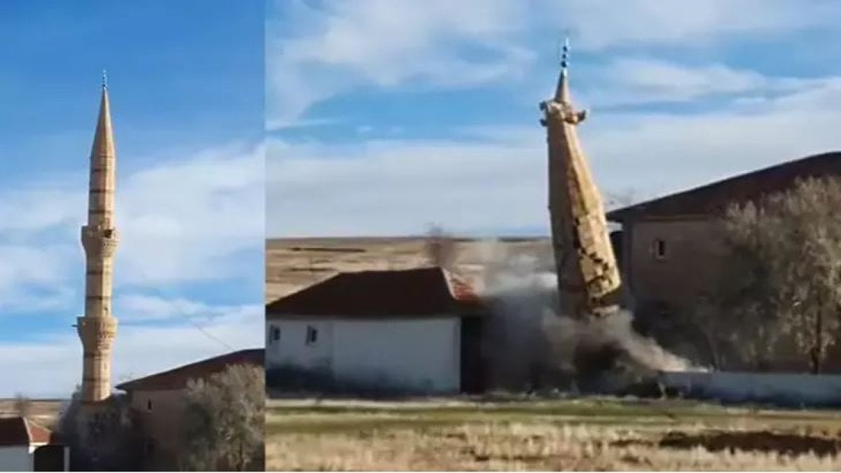 Fırtınada hasar gören cami minaresi kontrollü olarak yıkıldı