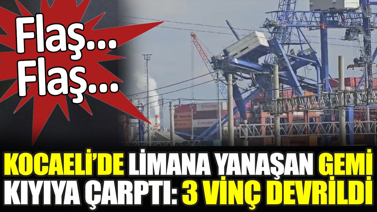 Kocaeli'de limana yanaşan gemi kıyıya çarptı. 3 vinç devrildi