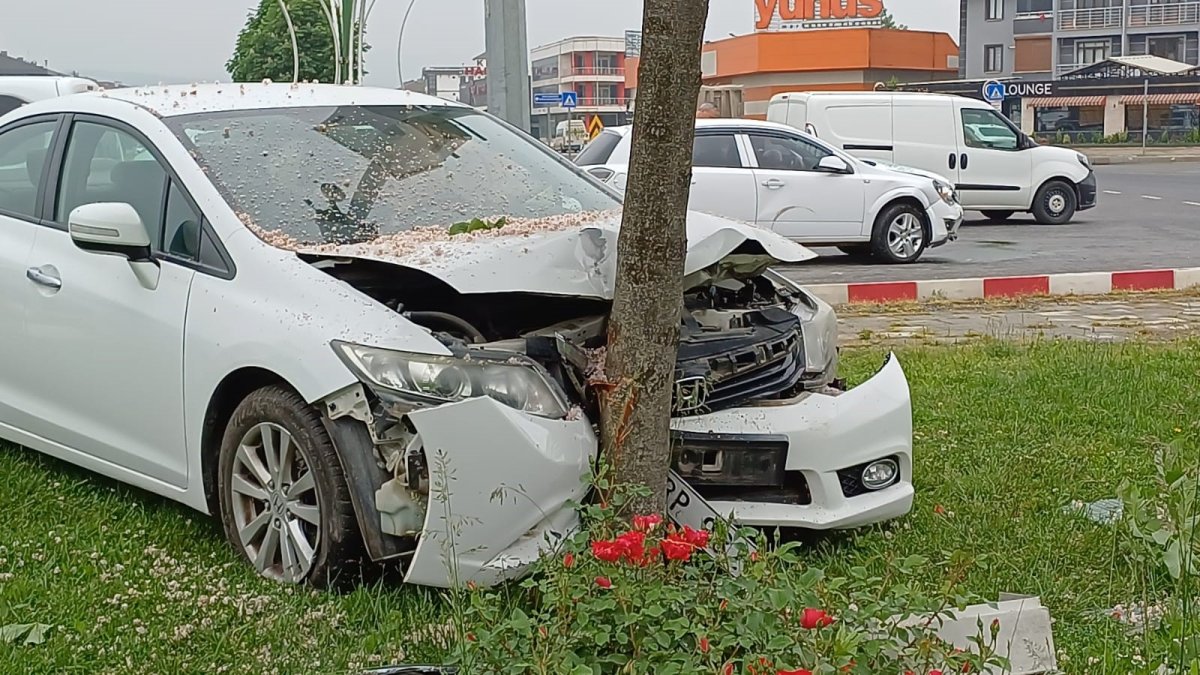 Düzce'de otomobil önce refüje sonra ağaca çarptı: 2 yaralı