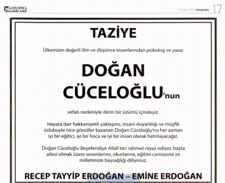 Erdoğan'dan Doğan Cüceloğlu için taziye ilanı - Resim : 1