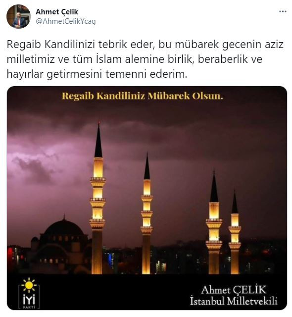 İYİ Partili Ahmet Çelik'ten Regaib Kandili mesajı - Resim : 1