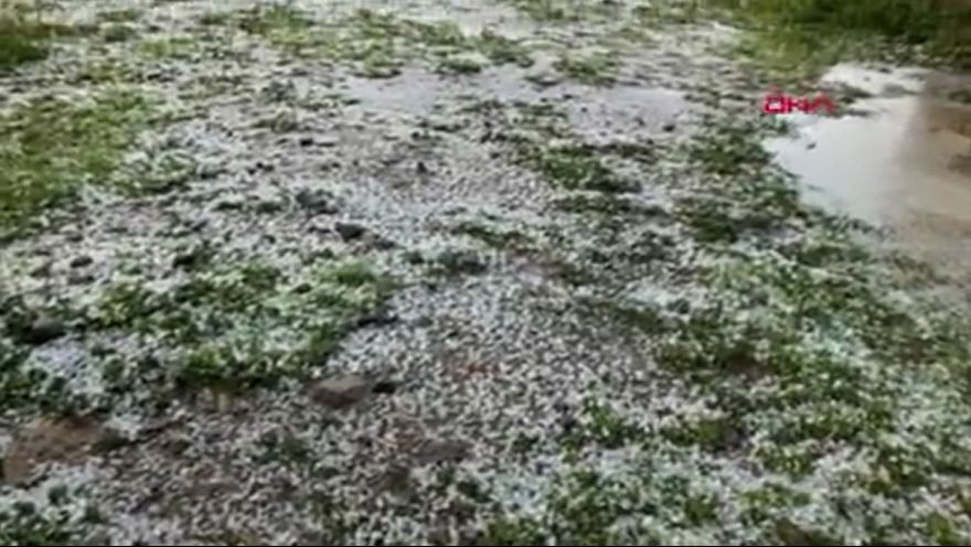 Balıkesir'de yağan dolu etrafı kar gibi bembeyaz yaptı - Resim : 2