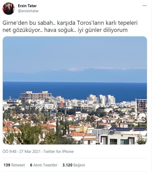 Hava o kadar temizlendi ki Girne’den Türkiye göründü. Karşıda Toros Dağları’nın karlı tepeleri vardı. KKTC Cumhurbaşkanı Ersin Tatar paylaştı - Resim : 1