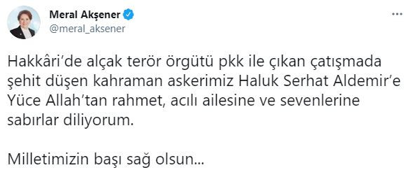 Akşener'den şehit askerimiz için başsağlığı mesajı (25 Nisan 2021) - Resim : 1