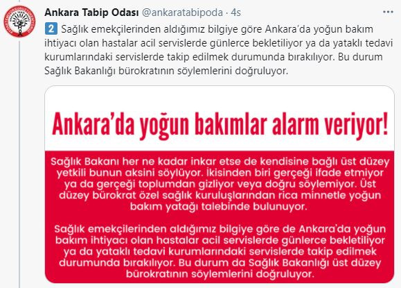 Tabip Odası Sağlık Bakanı inkar etse de diyerek paylaştı. Yoğun bakımlarla ilgili çok kötü haber geldi - Resim : 3