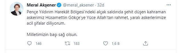 Akşener'den şehit askerimiz için başsağlığı mesajı (29 Nisan 2021) - Resim : 1