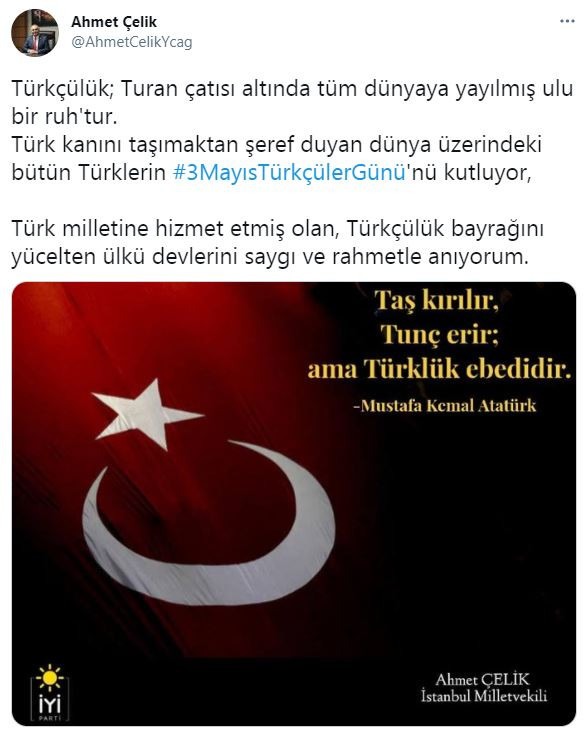 İYİ Partili Ahmet Çelik'ten 3 Mayıs Türkçülük Günü mesajı - Resim : 1