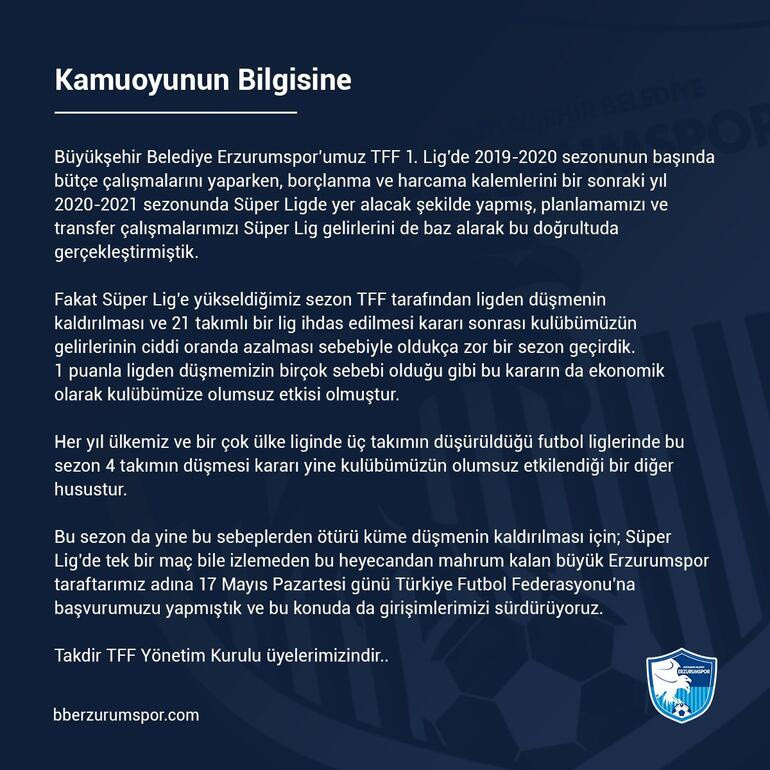 Erzurumspor'dan flaş 'Küme düşme' açıklaması - Resim : 1
