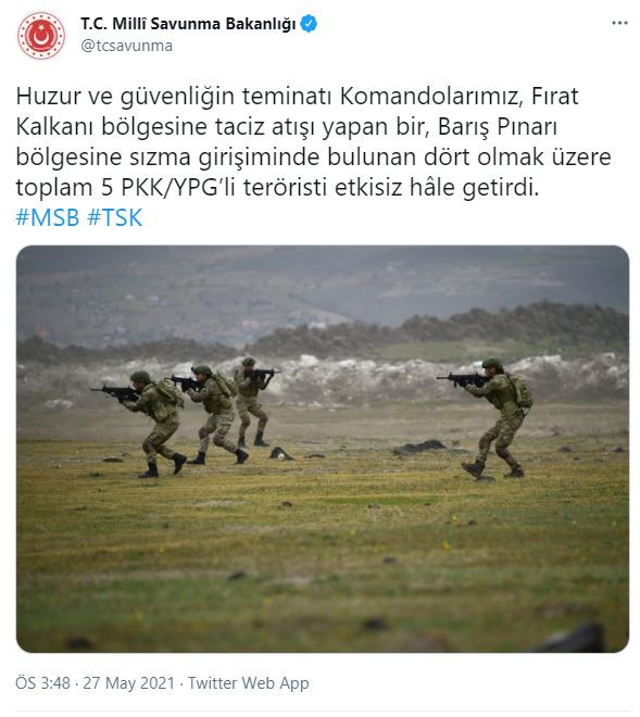 Fırat Kalkanı ve Barış Pınarı bölgesinde 5 terörist öldürüldü - Resim : 1