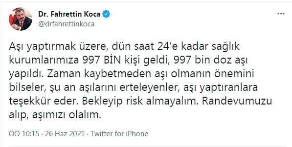 Bakan Koca'dan aşı açıklaması (26 Haziran 2021) - Resim : 1