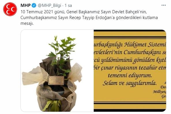 MHP Genel Başkanı Devlet Bahçeli, Erdoğana cumhurbaşkanı seçilişinin 3. yılı nedeniyle kutlama çiçeği ve mesajı gönderdi...