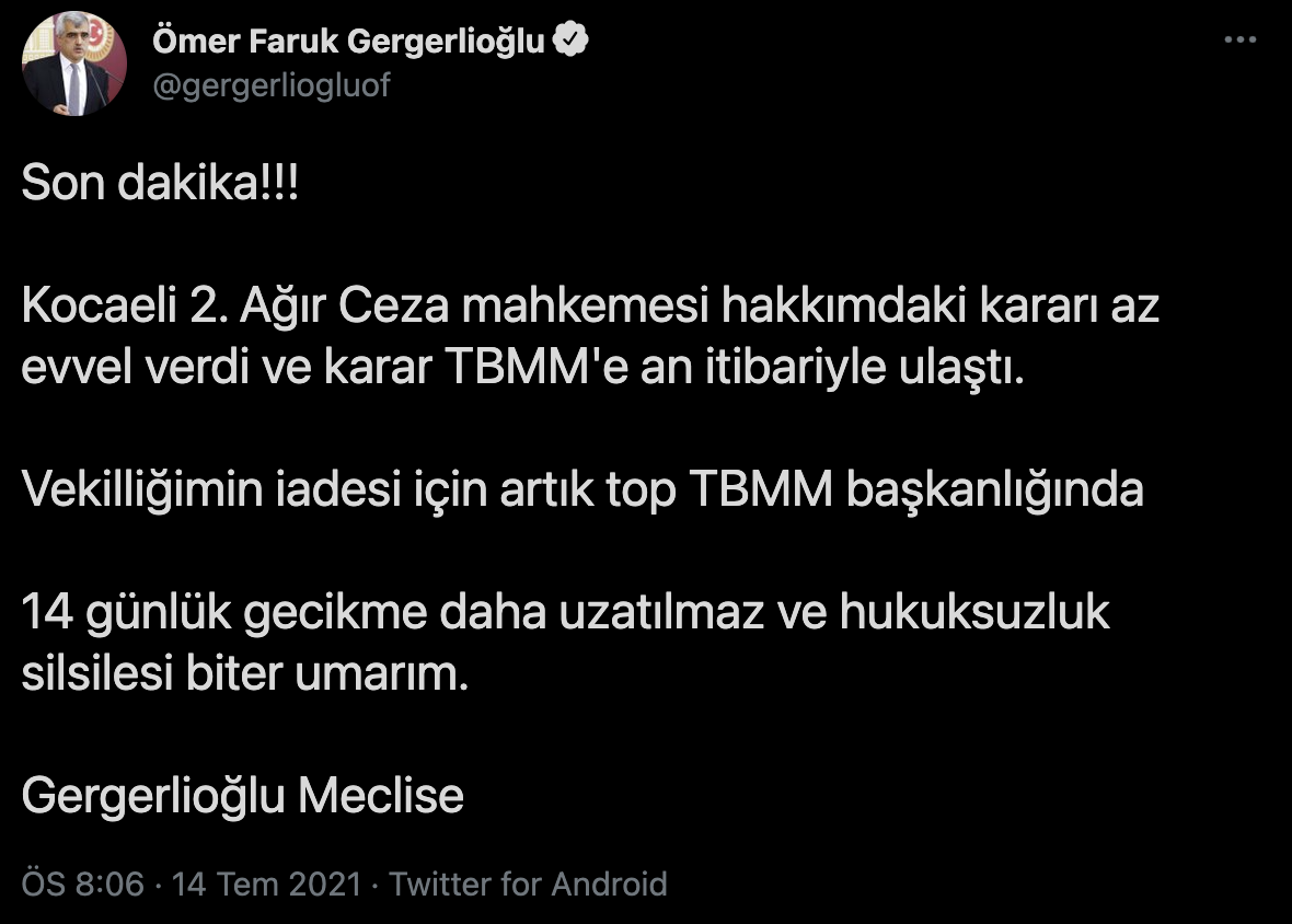 Gergerlioğlu'nun vekilliğe dönüşü hakkında flaş gelişme - Resim : 1