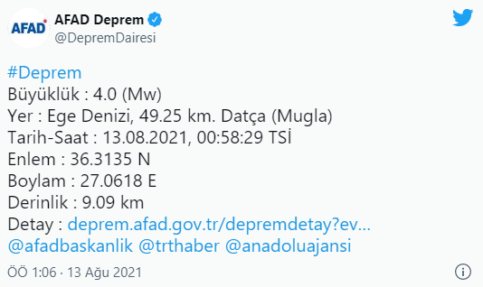 Datça açıklarında 4 büyüklüğünde deprem (13 Ağustos 2021) - Resim : 1