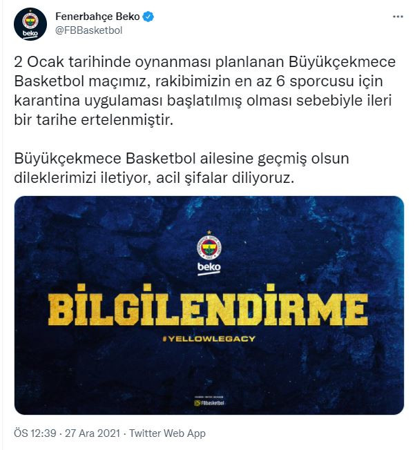 Fenerbahçe Beko - Büyükçekmece Basketbol maçı ertelendi - Resim : 1