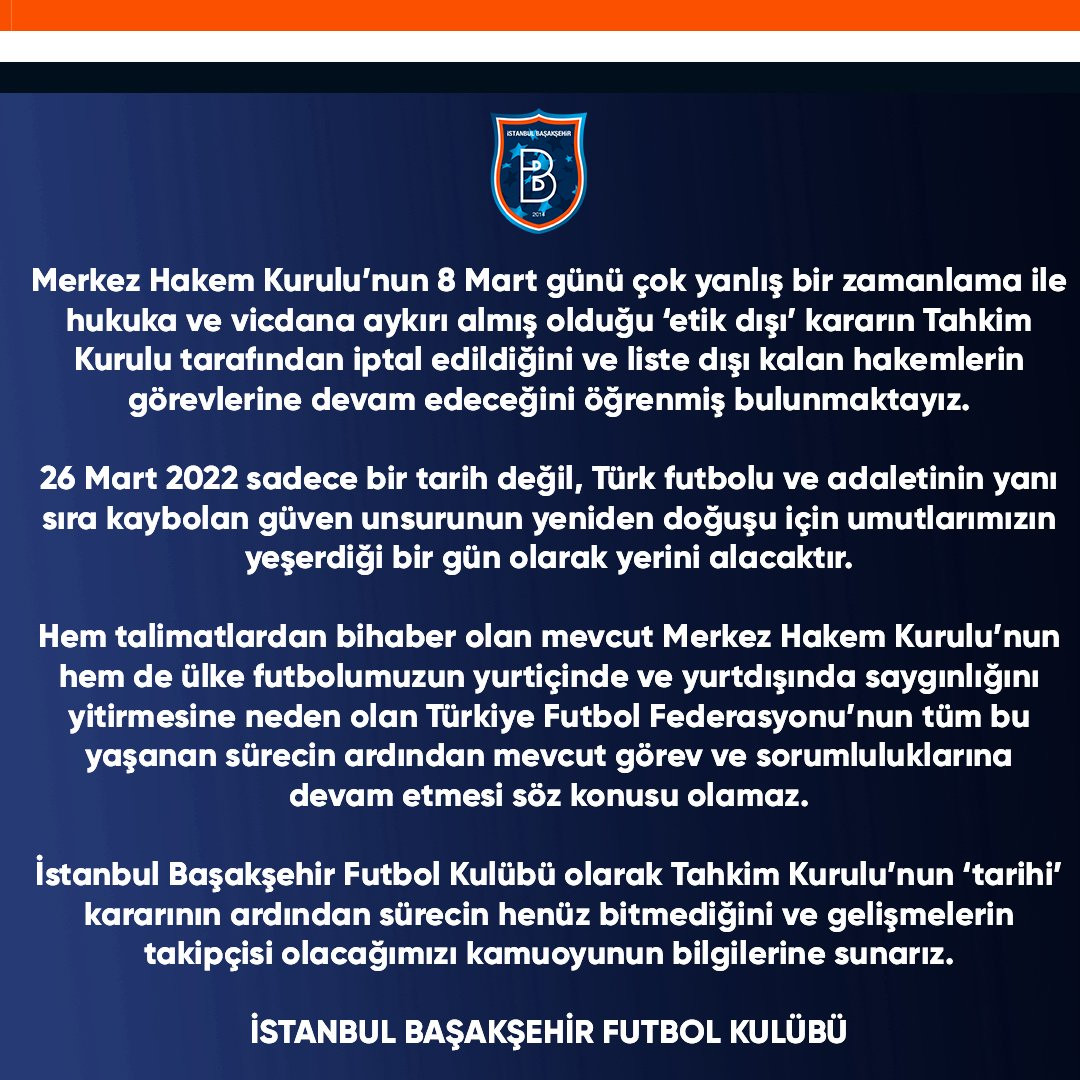 Başakşehir'den, MHK ve TFF'ye istifa çağrısı - Resim : 1