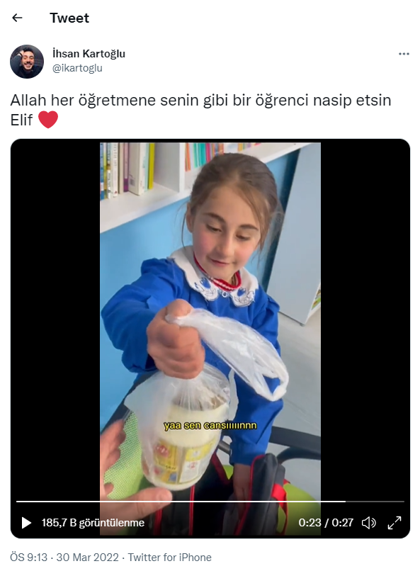 Allah her öğretmene senin gibi bir öğrenci nasip etsin. Öğretmenine yoğurt yapan köydeki öğrenci Elif duygulandırdı. - Resim : 1