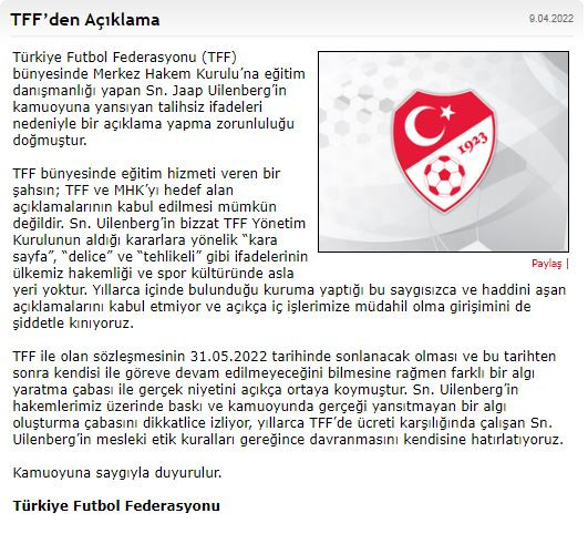 TFF'den çok sert Uilenberg açıklaması! - Resim : 1