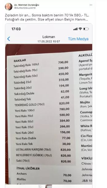 Aynı rakı Baro Başkanına 580 TL üyeye 902 TL. Böyle olur işletmecinin tabela çalışması - Resim : 3
