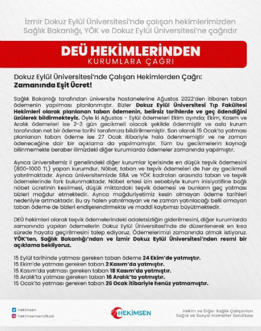 DEÜ çalışan hekimlerden kurumlara çağrı. Zamanında eşit ücret - Resim : 1