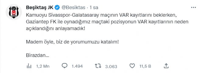 Beşiktaş VAR kayıtları sonrası flaş bir paylaşımda bulunduw