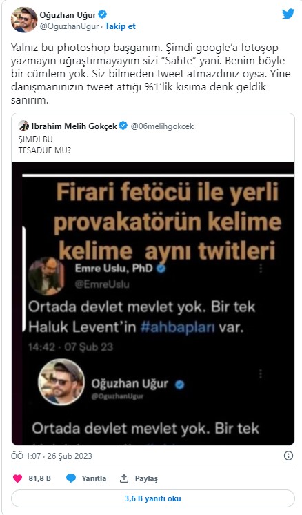 Oğuzhan Uğur'dan kendisini hedef gösteren Melih Gökçek'e yanıt